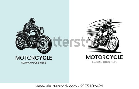 Dynamic black-and-white illustration of a person riding a motorcycle, showcasing speed and adventure