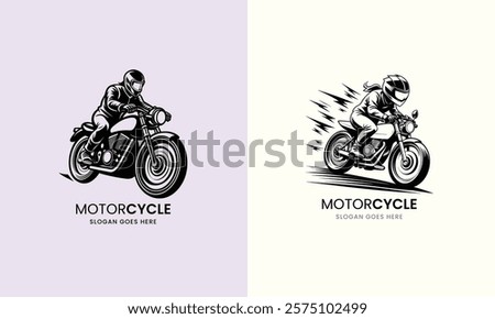 Dynamic black-and-white illustration of a person riding a motorcycle, showcasing speed and adventure