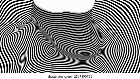 A dynamic black-and-white striped pattern creating a hypnotic optical illusion with wavy, flowing lines. The abstract design adds depth and movement, perfect for modern art, design, or creative