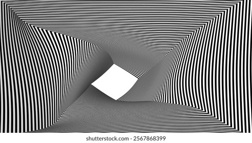 A dynamic black-and-white striped pattern creating a hypnotic optical illusion with wavy, flowing lines. The abstract design adds depth and movement, perfect for modern art, design, or creative