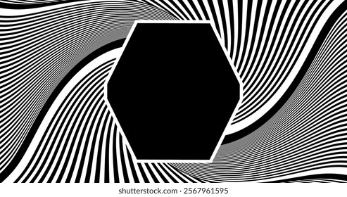 A dynamic black-and-white striped pattern creating a hypnotic optical illusion with wavy, flowing lines. The abstract design adds depth and movement, perfect for modern art, design, or creative