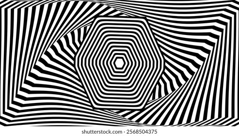 A dynamic black-and-white striped pattern creating a hypnotic optical illusion with wavy, flowing lines. The abstract design adds depth and movement, perfect for modern art, design, or creative