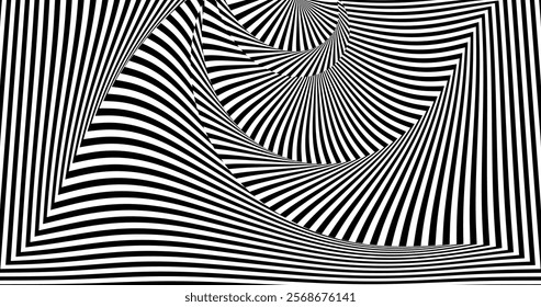 A dynamic black-and-white striped pattern creating a hypnotic optical illusion with wavy, flowing lines. The abstract design adds depth and movement, perfect for modern art, design, or creative