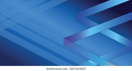 Fundo abstrato azul dinâmico com faixas e linhas de interseção. Sensação de tecnologia moderna, perfeita para apresentações, cartazes ou designs digitais. Palavras-chave: abstract, blue, tech, ribbon, modern.