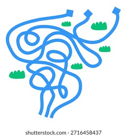 Dynamic blue abstract swirl with green grass accents, symbolizing complex journeys and creative flow.