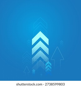Dynamic blue arrow surges upward, symbolizing business growth, success, and Multiple arrows point upward in layered formation, The bold upward arrows