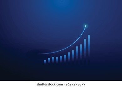 Gráfico dinâmico de barras azuis com curva ascendente para o crescimento dos negócios e tendências positivas