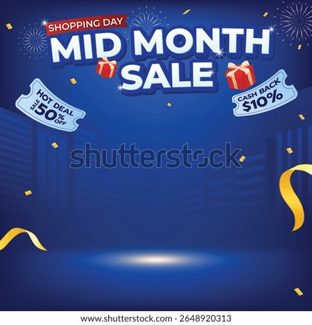 Dynamic blue cityscape sale background with ribbons, confetti, and spotlight, perfect for e-commerce promotional campaigns and marketing banners.