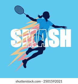 Dynamic blue color badminton women with smash gesture jump pose silhouette illustration. Bulu tangkis ilustrasi biru dengan pose lompat.