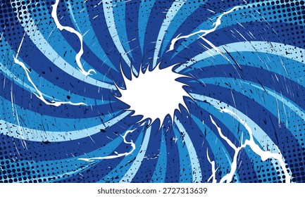 Dynamic blue comic book spiral background with a central white burst, electric lightning bolts, and grunge halftone textures.