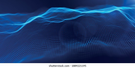 Dynamic blue dot landscape. Abstract digital wave background. Network data structure. Point grid visualization. Technology vector illustration.