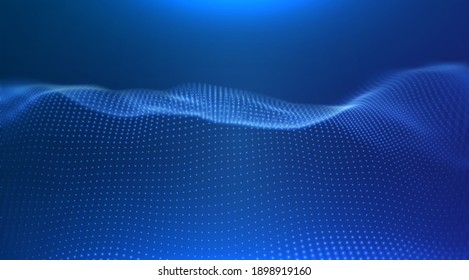 Dynamic blue dot landscape. Abstract digital wave background. Network data structure. Point grid visualization. Technology vector illustration.