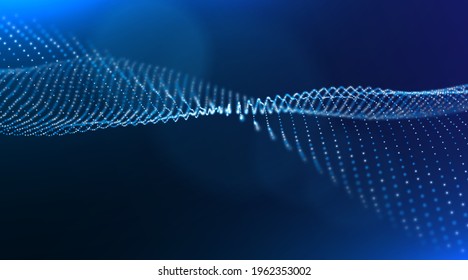 Dynamic blue dot landscape. Abstract digital wave background. Network data structure. Point grid visualization. Technology vector illustration.