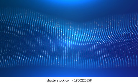 Un dinámico paisaje de puntos azules. Resumen del fondo de la ola digital. Estructura de datos de red. Visualización de cuadrícula de puntos. Ilustración vectorial de tecnología.
