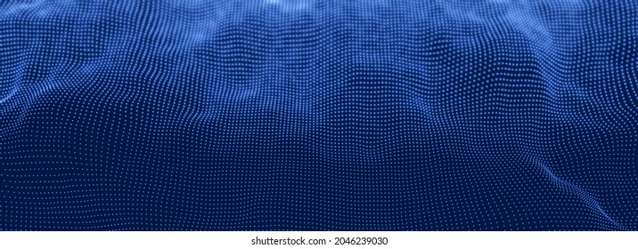 Un dinámico paisaje de puntos azules. Resumen del fondo de la ola digital. Estructura de datos de red. Visualización de cuadrícula de puntos. Ilustración vectorial de tecnología.