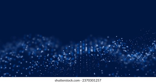 Un dinámico paisaje de puntos azules. Resumen del fondo de la ola digital. Estructura de datos de red. Visualización de cuadrícula de puntos. Ilustración vectorial de tecnología.