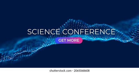 Dynamic blue dot landscape. Science conference digital wave background. Network data structure. Point grid visualization. Technology vector illustration.