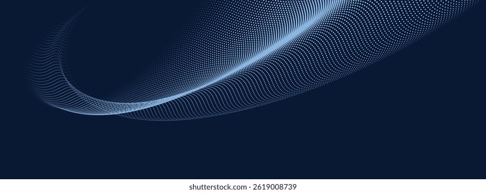 Dynamic blue dot waves, flowing particle wave: abstract halftone dots on dark background.