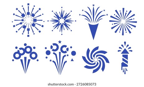 Formas de fuegos artificiales azules dinámicas para el festival del partido y la ceremonia de la noche de vacaciones