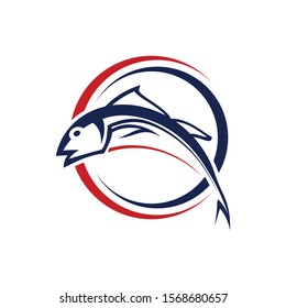 Dynamic blue fish leaping through red and blue circular emblem