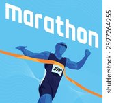 Dynamic Blue Fit young man running sprinting to orange finish line. Finisher, marathon runner sprinting moment Vibrant color poster.