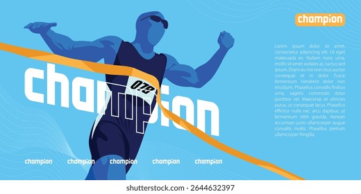 Dynamic Blue Fit young man running sprinting to orange finish line. Finisher, marathon runner sprinting moment Vibrant color banner.