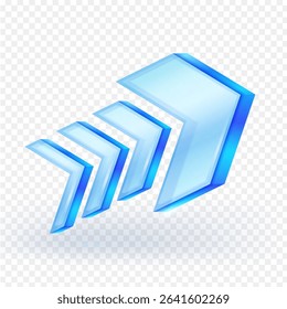 Dynamic blue glass arrow icon forward suitable for indicating speed, direction, growth, or advancement in digital interfaces, presentations, and infographics. 3d vector Illustration.