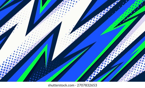 Dynamic blue and green halftone background with sharp lightning shapes for sport themes	