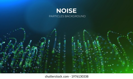 Dynamic blue and green particle wave. Abstract sound visualization. Flow digital structure. Mesh landscape or grid data technology.