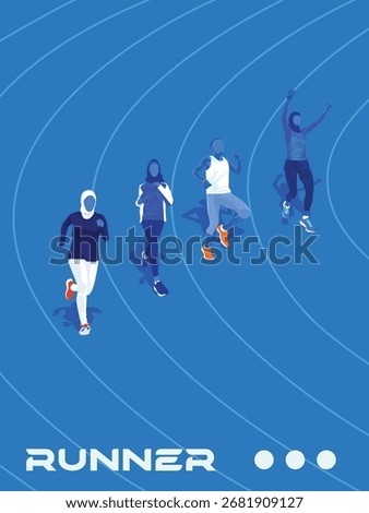 Dynamic blue illustration of diverse runners on athletics track, including Muslim woman in hijab, fitness athletes, marathon race concept, sport competition, teamwork, healthy lifestyle.