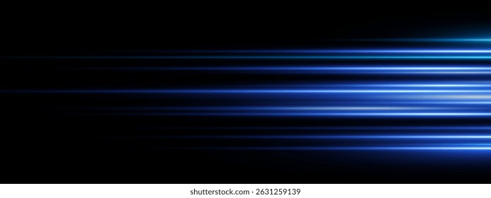 Dynamic blue laser beam with glowing flare and streaks. Futuristic horizontal light effect on dark abstract background. Bright neon glow, digital energy burst and radiant spark. Modern tech design