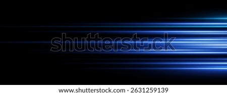 Dynamic blue laser beam with glowing flare and streaks. Futuristic horizontal light effect on dark abstract background. Bright neon glow, digital energy burst and radiant spark. Modern tech design