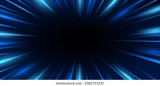 Dynamic Blue Light Rays Zoom Effect Background, glowing radial light burst speed motion light trails