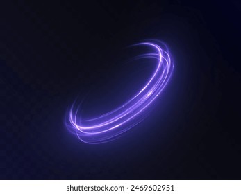 Dynamic blue lines of light with glow effect. Rotating light shiny half rings. Abstract sparkling dynamic light speed lines.