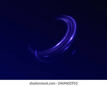 Dynamic blue lines of light with glow effect. Rotating light shiny half rings. Abstract sparkling dynamic light speed lines.