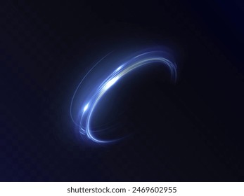 Dynamic blue lines of light with glow effect. Rotating light shiny half rings. Abstract sparkling dynamic light speed lines.