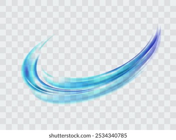 Dynamic blue lines of light with glow effect on transparent background. Rotating light half rings. Abstract blue lines of movement and speed. Vector