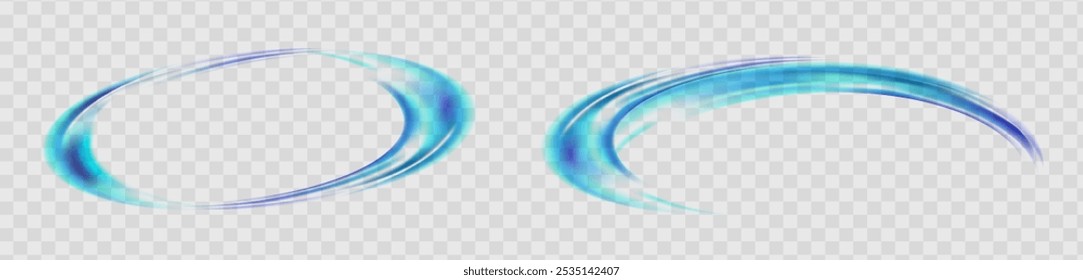 Dynamic blue lines of light with glow effect on transparent background. Rotating light half rings. Abstract blue lines of movement and speed. Vector