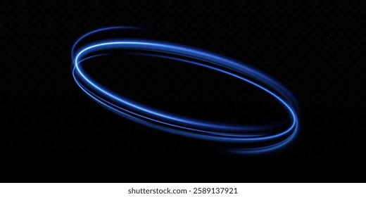 Dynamic blue lines of light with glow effect. Rotating light shiny rings. Abstract sparkling blue circles of movement.