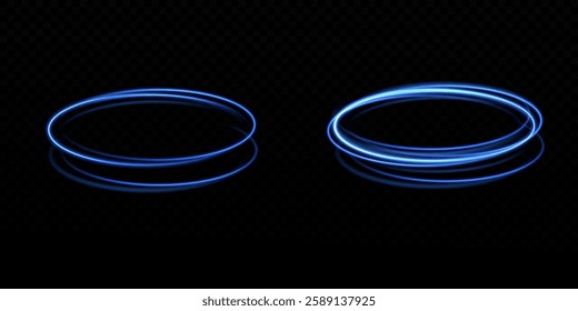Dynamic blue lines of light with glow effect. Rotating light shiny rings. Abstract sparkling blue circles of movement.