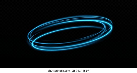 Dynamic blue lines of light with glow effect. Rotating light shiny rings. Abstract sparkling blue circles of movement.