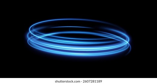 Dynamic blue lines of light with glow effect. Rotating light shiny rings. Abstract sparkling blue circles of movement.	