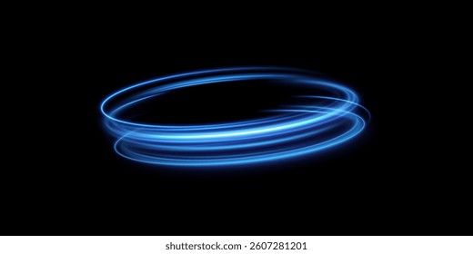 Dynamic blue lines of light with glow effect. Rotating light shiny rings. Abstract sparkling blue circles of movement.	