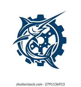 Dynamic blue logo featuring a marlin fish leaping through a gear and helm, perfect for marine equipment manufacturers or fishing clubs.