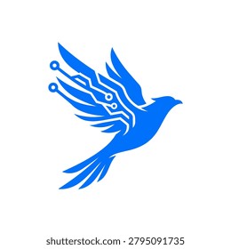 Dynamic blue logo of a flying bird featuring digital circuit lines on its wings, symbolizing speed, technology, and high-tech communication.