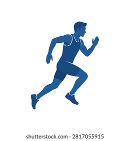 Dynamic blue male athlete vector art in mid-stride depicting speed and athletic prowess. Ideal for sports marketing or health campaigns.