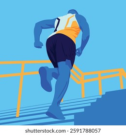 Dynamic Blue Man running up stairs outdoors on sunny day, low angle view poster illustration