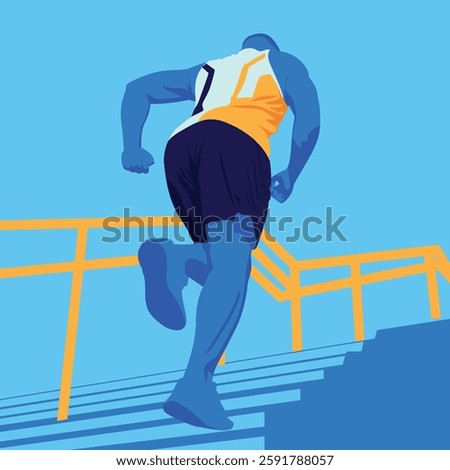 Dynamic Blue Man running up stairs outdoors on sunny day, low angle view poster illustration