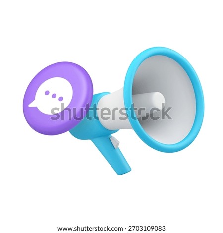 A dynamic blue megaphone with a purple message bubble icon for communication, marketing, advertising, sound, notification, and social media. 3d icon realistic vector illustration