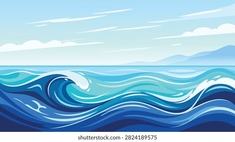 Dynamic Blue Ocean Waves with White Foam and Coastal Horizon Illustration